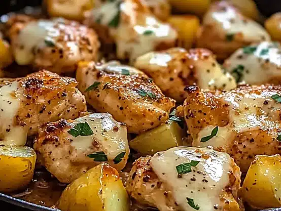 This Garlic Parmesan Chicken and Potatoes recipe is an easy one-pan meal with crispy potatoes, juicy chicken & rich flavors!