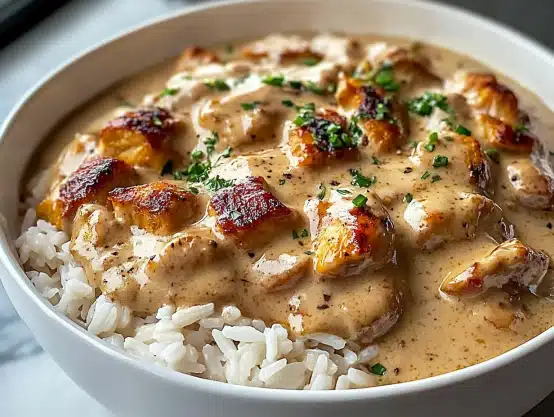 This Creamy Smothered Chicken and Rice is a rich, comforting one-pot meal! Creamy, flavorful, and perfect for a cozy dinner.