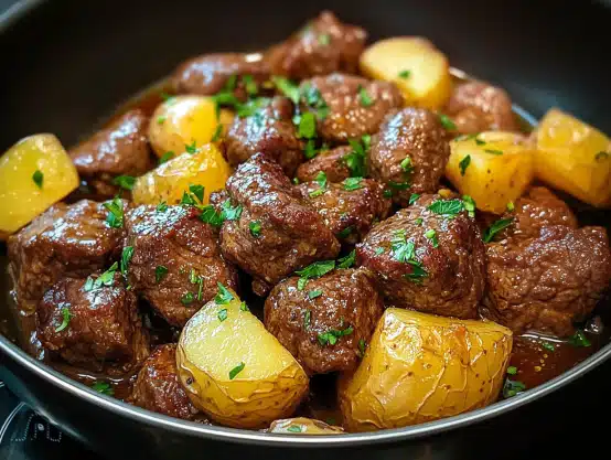 Try these Garlic Butter Steak Bites and Potatoes for a quick and hearty one-pan meal! Juicy steak, crispy potatoes, and garlic butter perfection.
