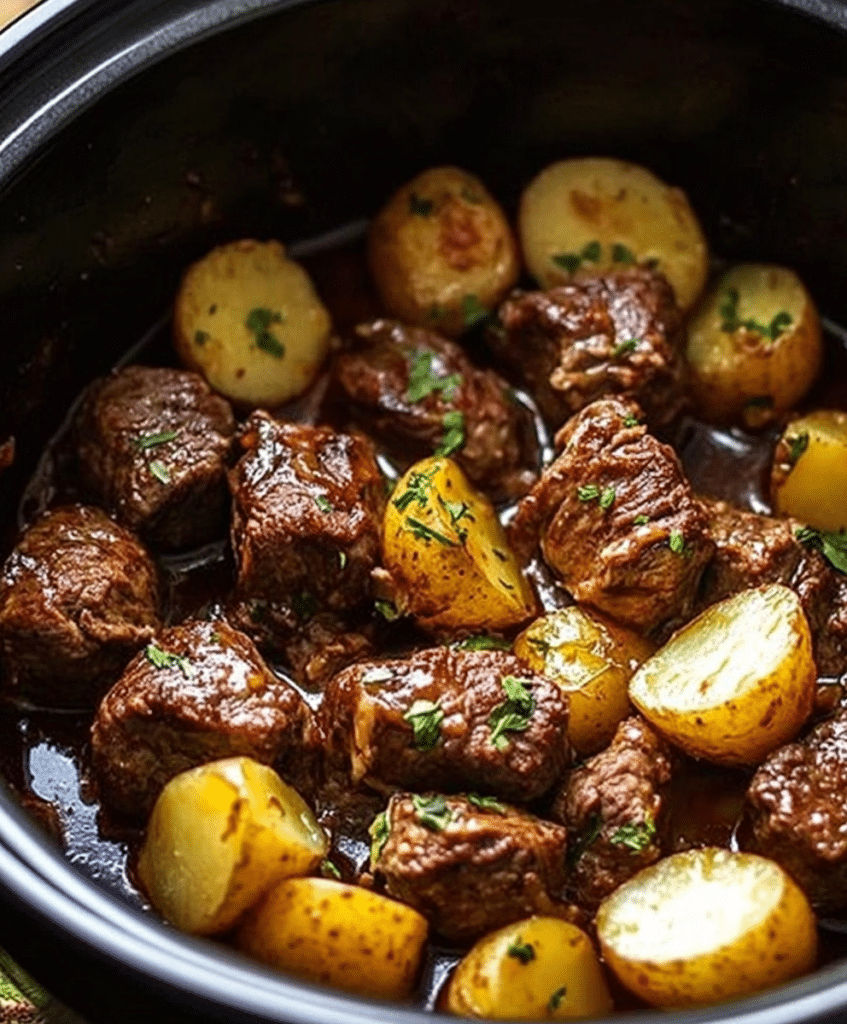 Beef and potatoes recipe, garlic butter beef bites, slow cooker beef dinner