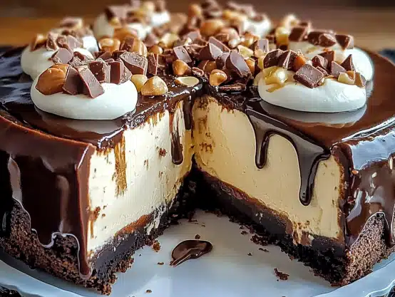 This Hot Fudge Sundae Brownie Cheesecake is the ultimate dessert—rich brownie base, creamy cheesecake, and hot fudge topping!