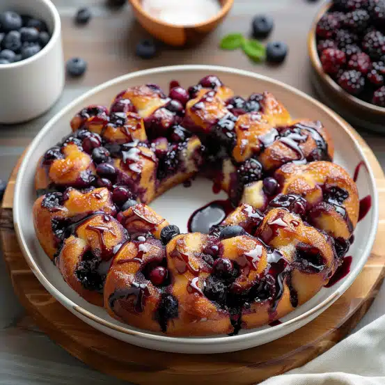 Soft, gooey Blueberry Monkey Bread with fresh blueberries, biscuit dough, and vanilla glaze. A perfect brunch treat!