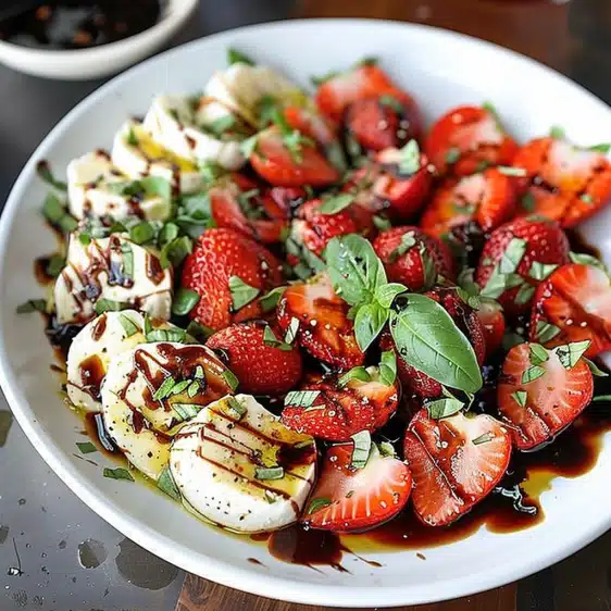 This avocado strawberry caprese salad is a fresh, vibrant, and easy summer dish! Juicy strawberries, creamy avocado, and mozzarella.