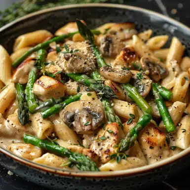 This creamy Garlic Chicken Mushroom Asparagus Penne is a one-pan wonder packed with flavor. A quick and hearty pasta recipe!