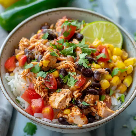 These Crockpot Southwest Chicken Burrito Bowls are packed with flavor and perfect for meal prep. Just shred, serve, and top with your faves!