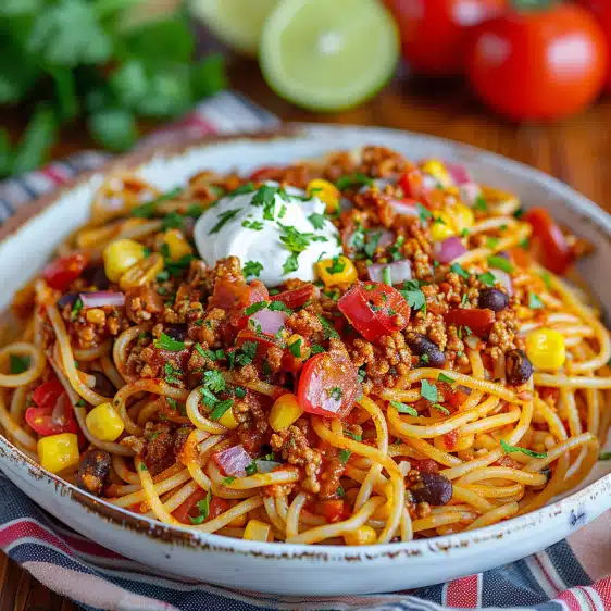 This easy Taco Spaghetti is a cheesy Tex-Mex twist on pasta night. A 30-minute, one-pot dinner that&rsquo;s family-approved!
