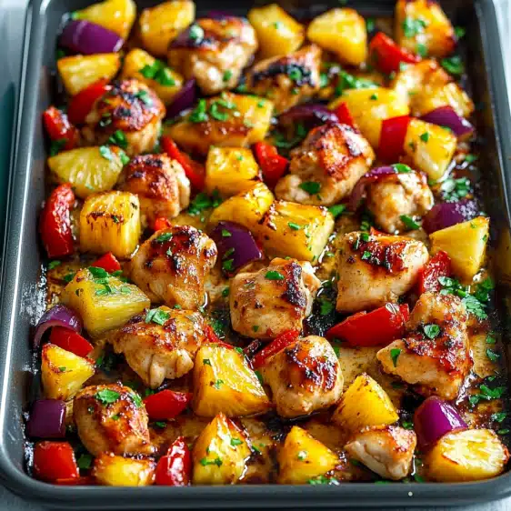 Try this easy Sheet Pan Hawaiian Chicken with Pineapple and Peppers&mdash;sweet, savory, and ready in 35 minutes!