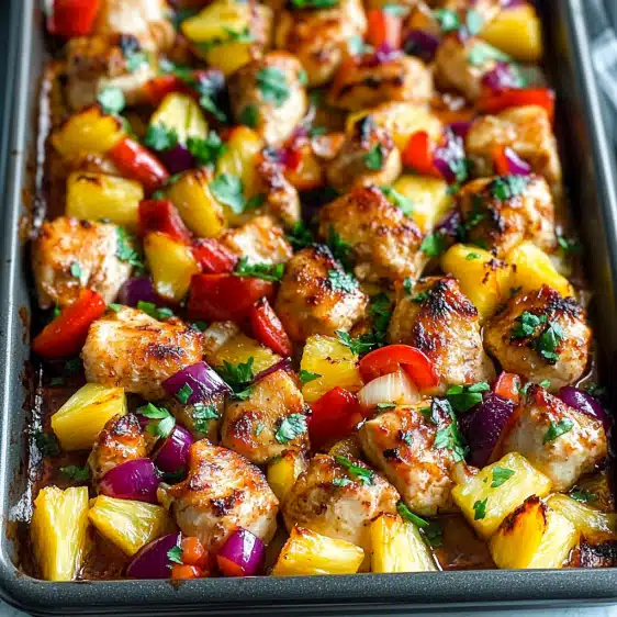 Try this easy Sheet Pan Hawaiian Chicken with Pineapple and Peppers—sweet, savory, and ready in 35 minutes!