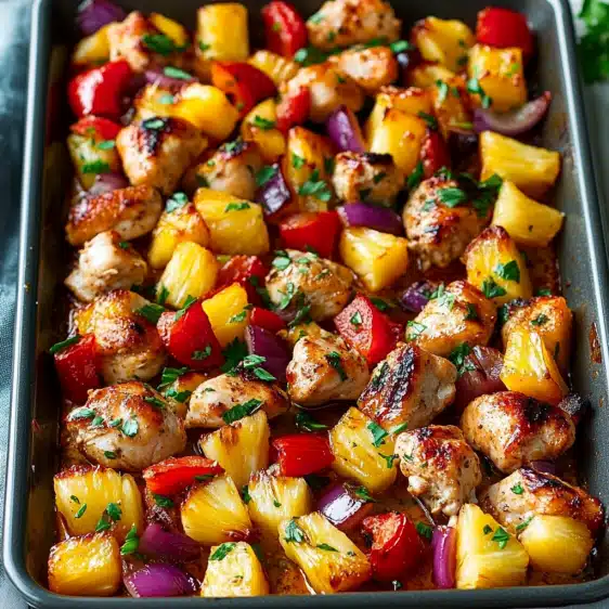 Try this easy Sheet Pan Hawaiian Chicken with Pineapple and Peppers—sweet, savory, and ready in 35 minutes!