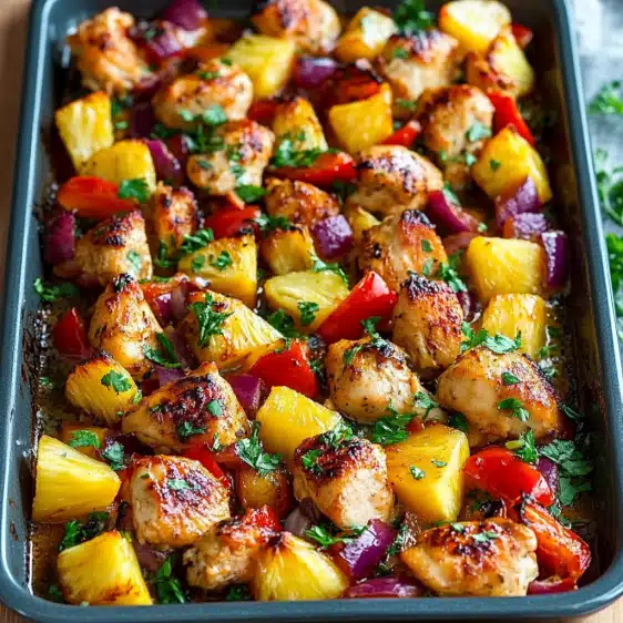 Try this easy Sheet Pan Hawaiian Chicken with Pineapple and Peppers—sweet, savory, and ready in 35 minutes!