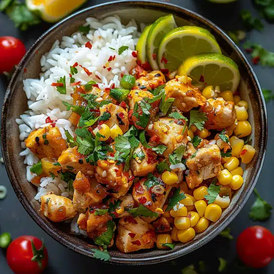 This Street Corn Chicken Rice Bowl is packed with juicy chicken, creamy street corn, and fluffy rice. Easy, bold, and meal prep&ndash;friendly!