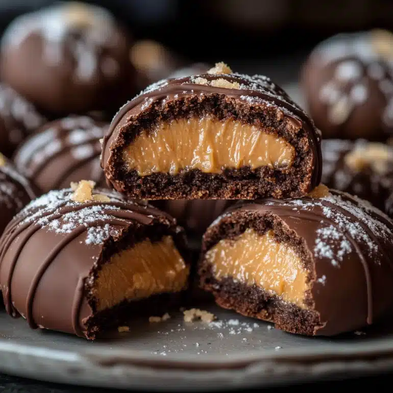 Chocolate Peanut Butter Snowballs with Caramel Drizzle