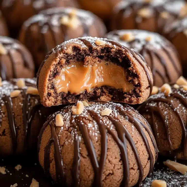 Chocolate Peanut Butter Snowballs with Caramel Drizzle