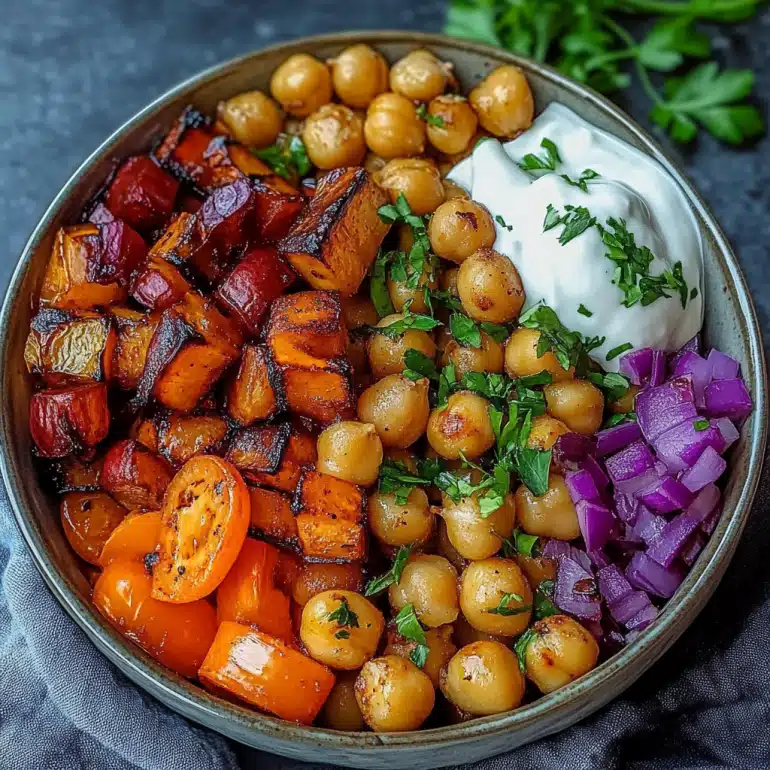 Roasted Vegetable Chickpea Bowl with Tahini Dressing