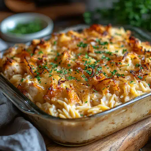 French Onion Chicken Orzo Casserole