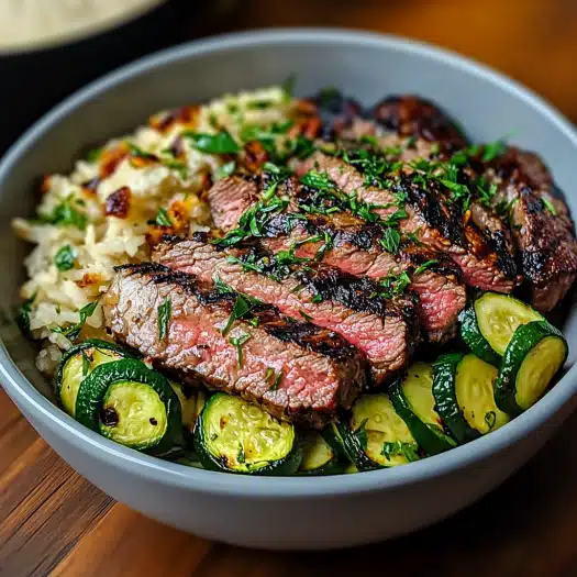Grilled Steak Bowl with Sauce & Grilled Zucchini