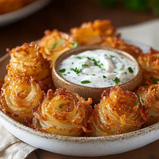 Crispy Mini Bloomin Onions with Creamy Buttermilk Ranch Dip