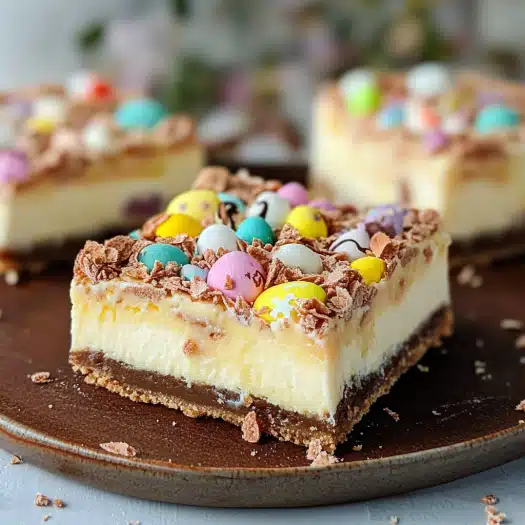 Easter Cheesecake Bars with creamy filling and buttery crust, topped with colorful candies. Perfect for spring celebrations.